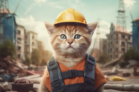 cute kitten dressed in a construction worker's hard hat, posing in front of a construction site, embodying the values of industry, hard work, and team effort. Generative AI Technology.の素材