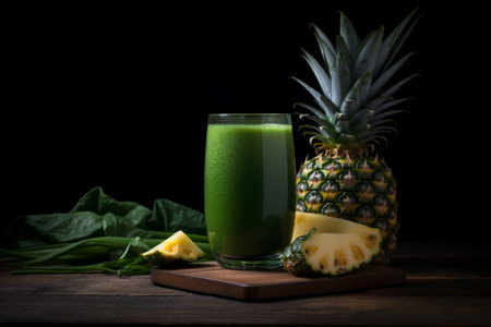 healthy kiwi smoothie, served in a glass with a bright green hue, set against a background of a whole pineapple. sense of tropical paradise, freshness, and vitality. Generative AI Technologyの素材