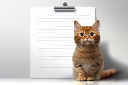 cute and fluffy kitten sitting next to a wall, with a sheet of lined paper on the ground, suggesting the concept of planning. The adorable presence of the kitten adds. Generative AI Technologyの素材