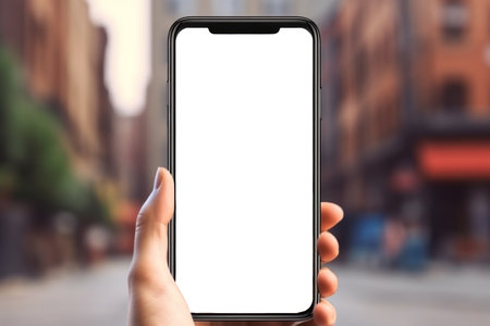 smartphone display mockup captured in someone's hand, creating a realistic and immersive visual experience. The background features of a busy city street. Generative AI Technologyの素材