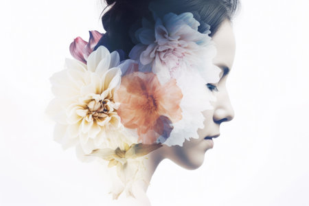 Aesthetic double exposure portrait of a young woman and a beautiful nature. Flower overlays used to enhance the dreamy and romantic mood. Generative AI Technologyの素材
