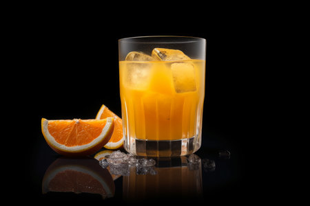 glass of orange juice, placed on a table against a dark, black background, with a slice of orange peel nearby. Generative AI Technologyの素材