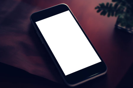 A high-quality mockup featuring a modern smartphone on a minimalist white table. Perfect for showcasing mobile app designs and website layouts on any platform. Generative AI Technologyの素材