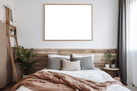 serene and peaceful bedroom interior, decorated in soft and muted pastel colors, with a wall hanging featuring a display mockup of a picture or artwork. Generative AI Technologyの素材