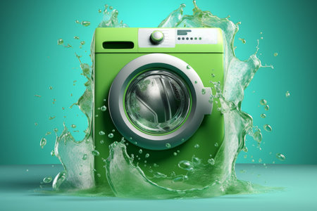 green washing machine with water pouring out, representing the eco-friendly nature of the laundry process. idea of sustainability and environmentally conscious living. Generative AI Technologyの素材