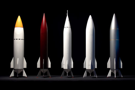 five toy rockets of varying designs and colors lined up, waiting to be launched. the excitement and anticipation of space exploration and technology advancement. Generative AI Technologyの素材