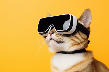 Cute and curious red kitten wearing virtual reality glasses. Adorable pet exploring the digital world. Perfect for technology-related projects or pet lovers. Generative AI Technologyの素材