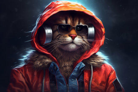 illustration showcases a cat sporting a cool, casual look with headphones and a hoodie while wearing glasses. sense of style, creativity, and individuality in fashion. Generative AI Technologyの素材