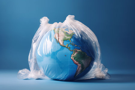 Environmental concept of global plastic pollution illustrated a globe inside a clear plastic bag. destructive impact of human activities on the environment and its ecosystems. Generative AI Technologyの素材