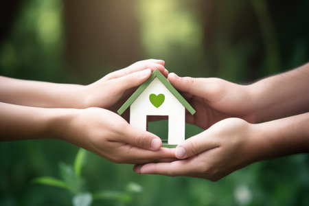 child accepting a green wooden house from an adult, representing the concept of environmentally conscious housing purchase. idea of living and eco-friendly lifestyle choice. Generative AI Technologyの素材