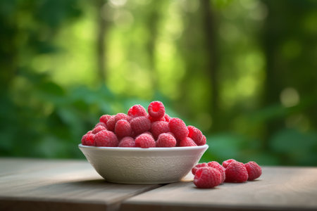 A mouth-watering photograph featuring luscious ripe raspberries arranged in a rustic bowl atop a wooden table against a natural outdoor backdrop. Generative AI Technologyの素材