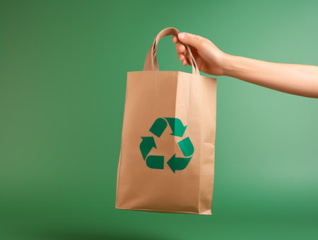 A person holding a paper bag with refuse-reuse symbol printed on it, standing against a green background. Shows eco-consciousness and responsible waste management practices. Generative AI Technologyの素材