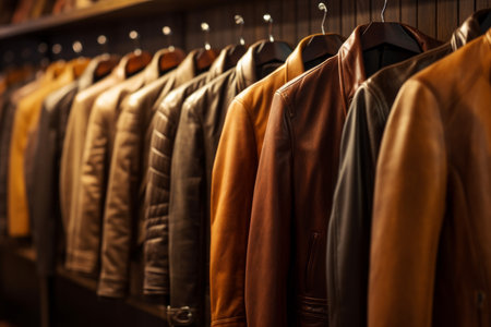 Sophisticated and stylish, these leather jackets elevate any outfit. Perfect for fashion shoots or retail design, highlighting product variety. Generative AI Technology.の素材