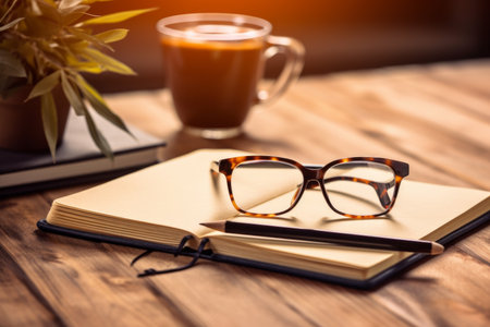 Desk essentials concept. Simple and functional composition of glasses, notepad, and pen, perfect for office and workplace themes. Generative AI Technology.の素材