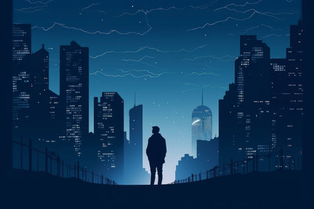 man standing in front of a city skyline at night. Great for editorial, advertising, and commercial projects. Generative AI Technology.の素材