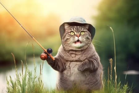 a kitten, dressed in a fishing hat and holding a fishing rod, radiating with curiosity and mischievousness. Generative AI Technology.の素材