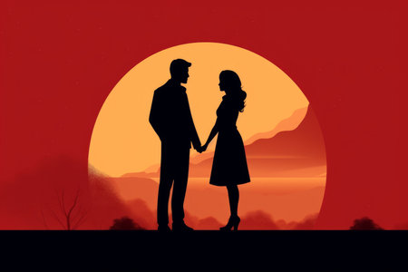 An illustration of the silhouettes of a loving couple, a woman and a man. the romance and intimacy of human relationships. Generative AI Technology.の素材