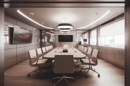 corporate workplace concept. Modern and sleek interior design of a conference room, ideal for business and corporate themes. Generative AI Technology.の素材