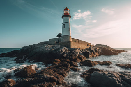 Captivating and serene, this landscape features a striking lighthouse against the vast sea. Ideal for travel, nature, and adventure themes. Generative AI Technology.の素材