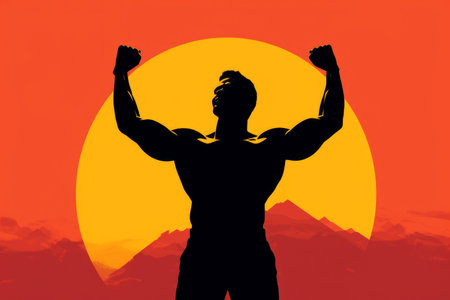 silhouette of an athletic man demonstrating muscles, strength, and victory. Perfect for fitness and sports related designs. Generative AI Technology.の素材