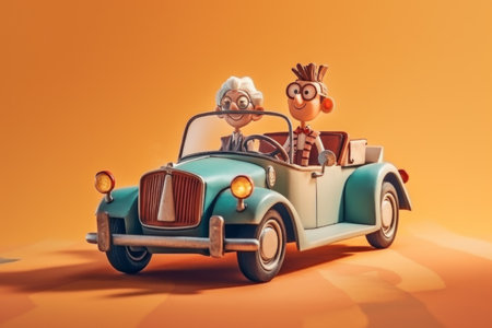 An elderly couple enjoying a road trip together. This charming illustration captures the joy of travel and companionship, perfect for family and retirement themes. Generative AI Technology.の素材