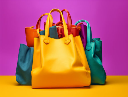 A fashionable collection of colorful women's bags displayed on the floor. This photo is perfect for fashion, style, and accessory themes. Generative AI Technology.の素材