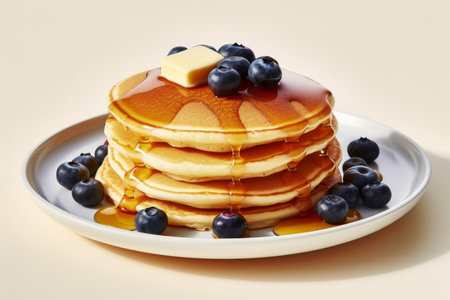 A delicious breakfast or brunch option, these pancakes with blueberries and honey will satisfy any sweet tooth. Perfect for food and lifestyle themes. Generative AI Technology.の素材