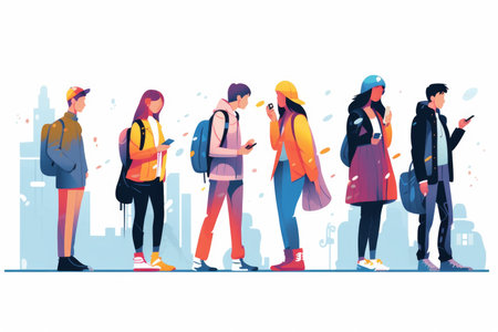 people from different walks of life, engrossed in their smartphones while on the street, representing the ubiquitous presence and impact of technology in our daily lives. Generative AI Technology.の素材