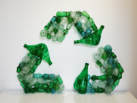 A powerful visual statement on the importance of recycling. plastic bottles arranged in the shape of the three arrows is perfect for environmental and sustainability themes. Generative AI Technology.の素材