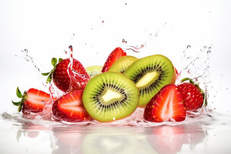 Refreshing fruit with splashes of water, perfect for summer or health-themed advertisements. Generative AI Technology.の素材