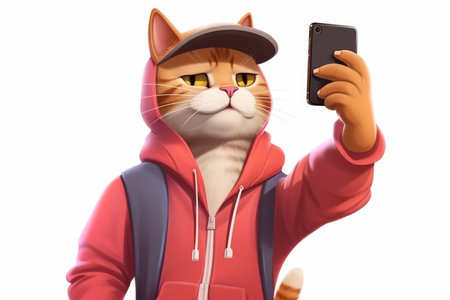 cute and playful illustration captures the feline fun of a cat taking a selfie. Perfect for social media, technology, and lifestyle themes. Generative AI Technology.の素材