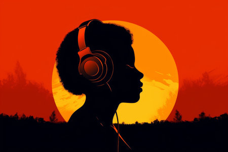 An illustration of a female silhouette wearing over-ear headphones. the idea of music and technology as a source of inspiration and relaxation. Generative AI Technology.の素材