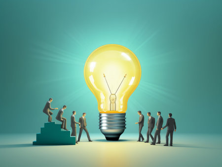 Brainstorming and innovation concept. Diverse group of people in suits gathered around a big light bulb. Perfect for startup or business presentations. Generative AI Technology.の素材