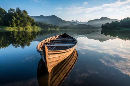 An empty wooden boat glides across a calm lake, offering a sense of tranquility and peacefulness. the simplicity and beauty of nature. Generative AI Technology.の素材