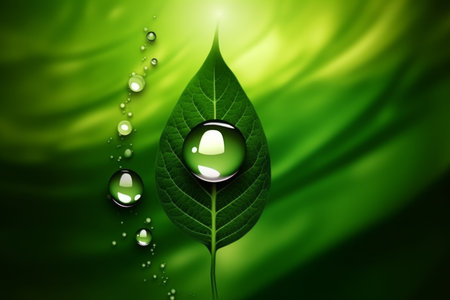 Green leaf with water drops in the forest in the morning. dewy green leaf in a natural setting, perfect for environmental and nature-inspired designs. Generative AI Technology.の素材