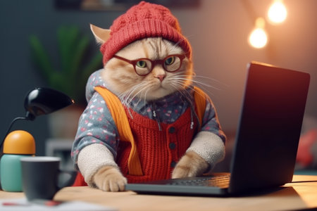 whimsy and creativity of a cat dressed as a designer, wearing a knitted hat and glasses, hard at work on a laptop, exuding intelligence and ingenuity. Generative AI Technology.の素材