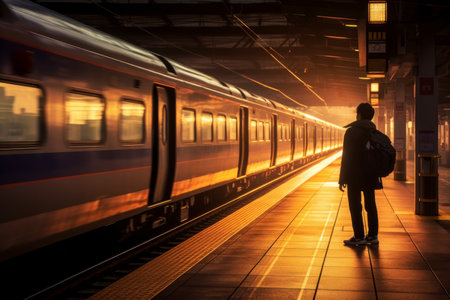 Everyday life concept. Serene scene of a person waiting for their train on a train platform. Perfect for transportation or commuting themes. Generative AI Technology.の素材