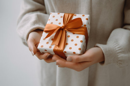 Female hands holding a gift box with care and anticipation. the emotions of generosity and thoughtfulness associated with gifting. Generative AI Technology.の素材