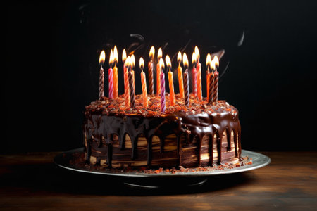 A colorful and decadent birthday cake with burning candles standing proudly on a table, ready to be celebrated and enjoyed. Generative AI.の素材