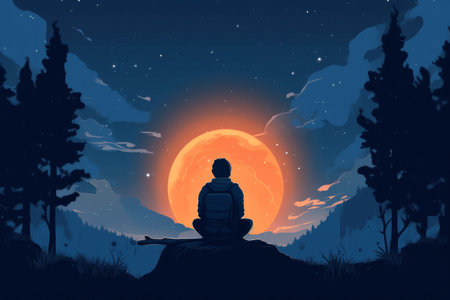 beautiful and peaceful moment of a person sitting alone in nature, watching the mesmerizing sunset over the forest. The image depicts a reflective and introspective mood. Generative AI.の素材