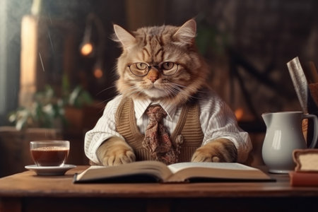 clever cat wearing glasses and engrossed in reading books, showcasing academic pursuits and a love for learning. Generative AI Technology.の素材