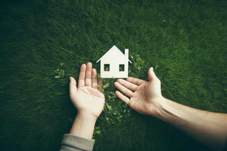 Two people holding a model of a house on green grass. Concept of a couple planning to build a home.. Generative AI Technology.の素材