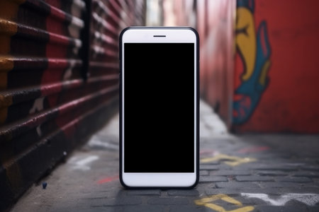 mockup of a smartphone placed on a urban street. The screen of the device is black, providing a perfect space to add custom content for advertising or promotional purposes. Generative AI Technology.の素材