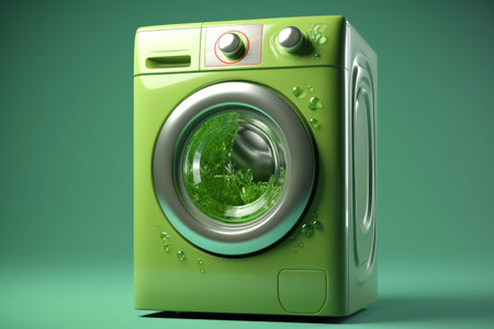 green washing machine with water pouring out, representing the eco-friendly nature of the laundry process. idea of sustainability and environmentally conscious living. Generative AI Technologyの素材
