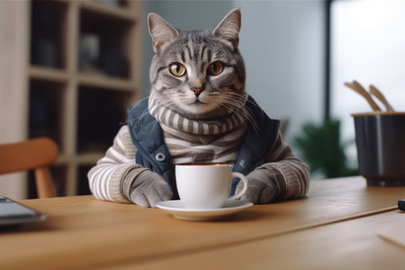 Cat dressed in human clothes, sitting at a table in a domestic setting and enjoying a cup of coffee. Evokes warmth, relaxation, and the simple pleasures of life.. Generative AI Technology.の素材