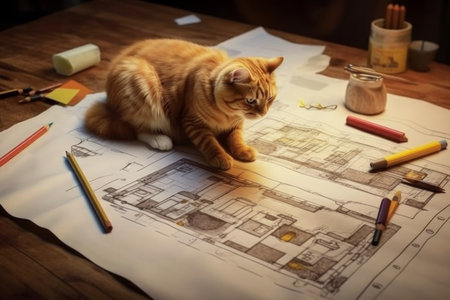 cat sketching a blueprint for house construction, conveying the idea of creativity, design and problem-solving. Generative AI Technology.の素材