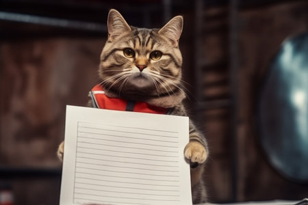 cat sitting on the road with a cardboard placard on its chest conveys a message of hope and freedom and offers a blank space for custom captions. Generative AI Technology.の素材
