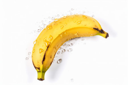A ripe banana with sparkling water droplets, evoking freshness and nutrition. Beauty of natural fruits and encourages viewers to adopt a healthy lifestyle. Generative AI Technology.の素材