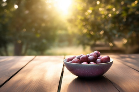 A mouth-watering photograph featuring luscious ripe plums arranged in a rustic bowl atop a wooden table against a natural outdoor backdrop. Generative AI Technologyの素材