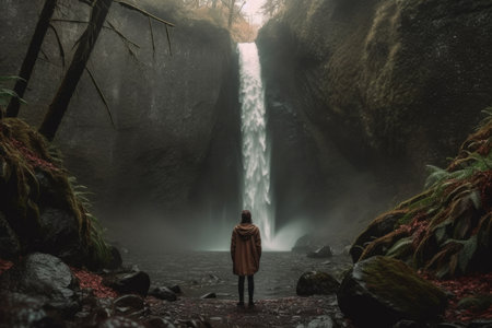 A tourist admiring a scenic waterfall in the lush forest. Generative AI Technologies.の素材